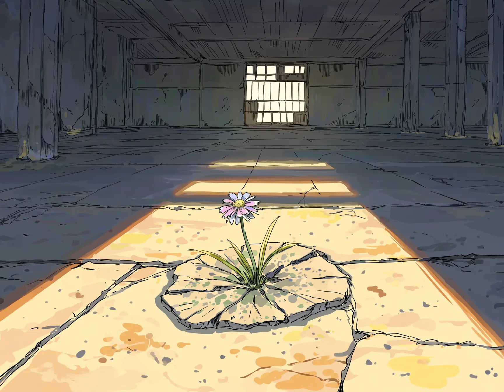 AI generated banner image depicting a flower breaking through the concrete of an otherwise desolate building.