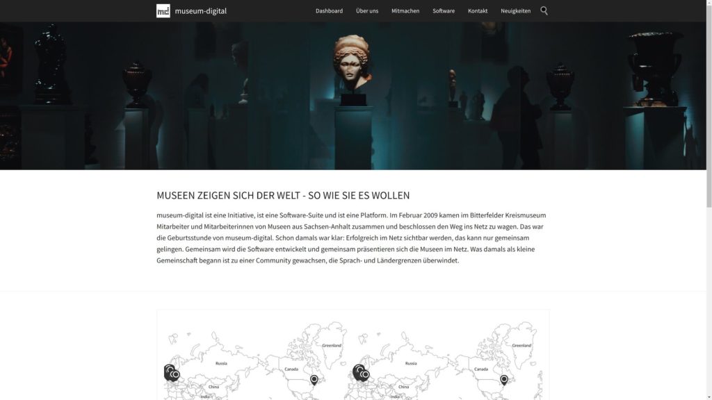 Startseite von museum-digital.org mit Karte aller teilnehmenden Museen.