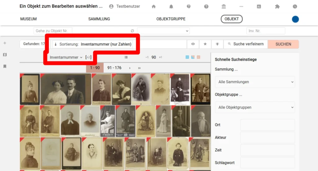 Screenshot: "Inventarnummer (Nur Zahlen)" als neue Such- und Sortieroption für Objekte in musdb