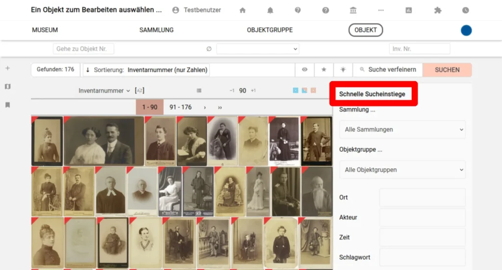 Screenshot, fokussiert auf Überschrift "Schnelle Sucheinstiege"