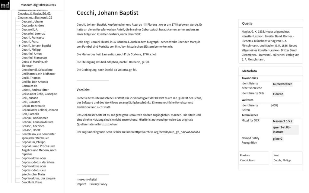 Screenshot eines Eintrags aus resources.museum-digital.org.