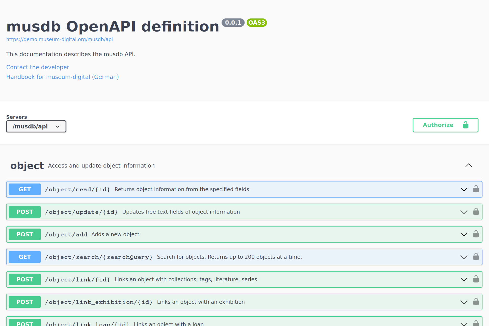 Screenshot der OpenAPI-Beschreibung der API von musdb in Swagger UI
