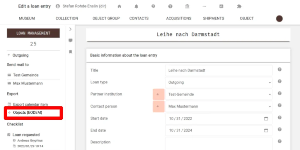 Screenshot of the loan editing page. An EODEM export is directly available through the sidebar.