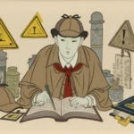 AI-generated ukiyo-e painting of a detective with a book, surrounded by warning signs