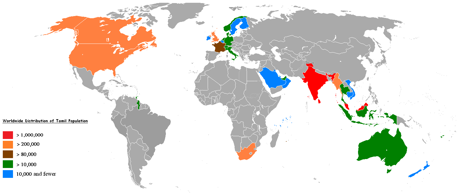 World map of countries by number of Tamil speakers.