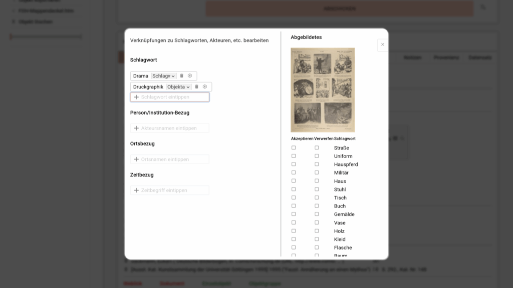Screenshot des Verschlawortungs-Overlays der Objekt-Bearbeitungsseite in musdb. Rechts sind Vorschläge für wahrscheinlich Abgebildetes zu finden, die über die Checkboxen akzeptiert oder abgelehnt werden können.