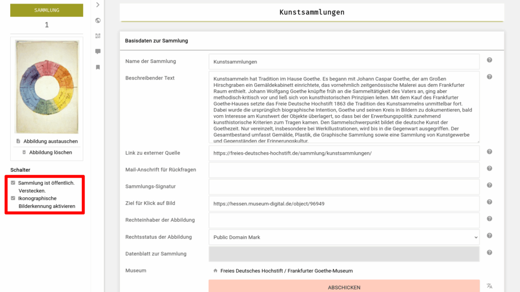 Screenshot der Sammlungs-Bearbeitungsseite in musdb. In der Linken Seitenspalte gibt es eine neue Option "Ikonographische Bilderkennung aktivieren".