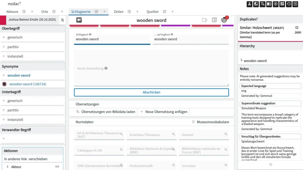 Screenshot of a tag editing page in nodac, showing the new (August 2025) sidebar with AI-generated aids.