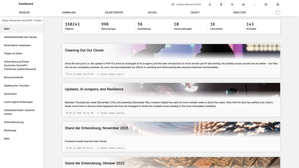 Screenshot of the dashboard in musdb, as of 2025-12-29.